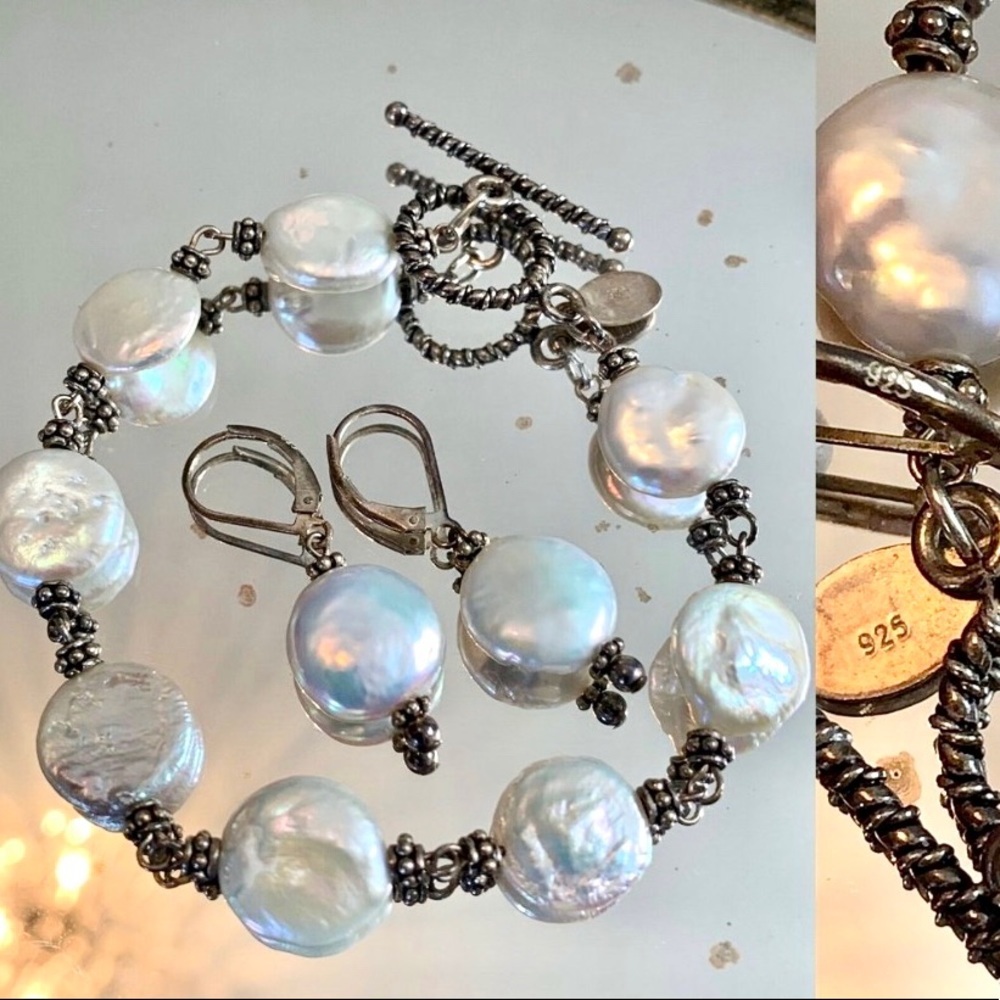 Sterling Silver Mother of Pearl Bracelet Matching Earrings Set Donna Dressler